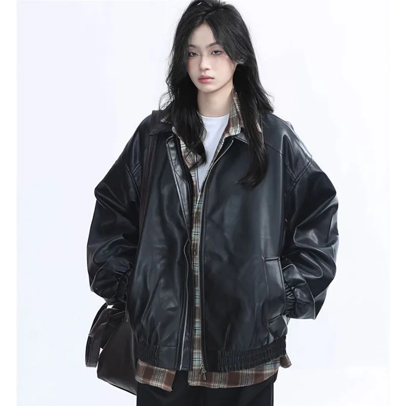 Retro Ladies Fashion Zipper Faux Leather Jacket Spring Autumn Women Long Sleeves Leather Coat 2025 Female PU Leather Outwear