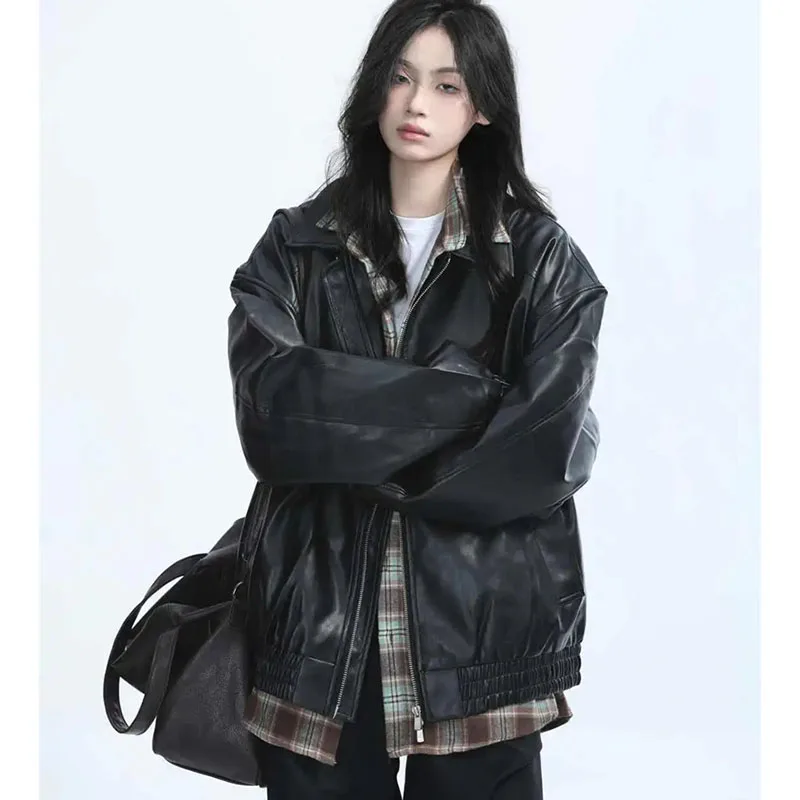 Retro Ladies Fashion Zipper Faux Leather Jacket Spring Autumn Women Long Sleeves Leather Coat 2025 Female PU Leather Outwear