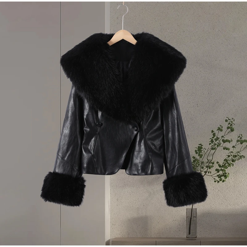 Black Faux Fur Collar Leather Jacket Elegant Lapel V-neck Waist Cinching Long-sleeved Short Coats Lady Winter Commute Coat 2026