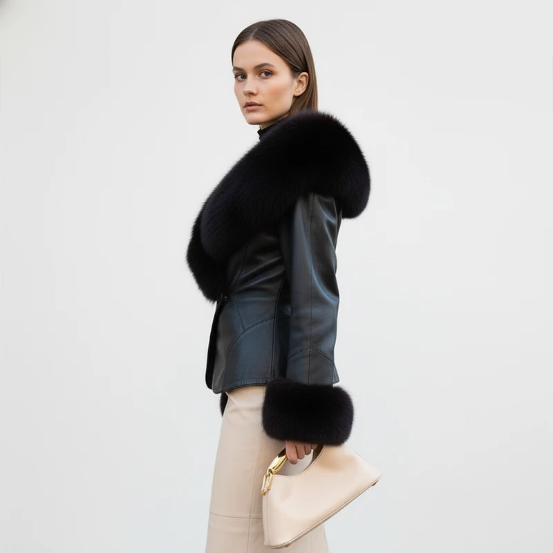 Black Faux Fur Collar Leather Jacket Elegant Lapel V-neck Waist Cinching Long-sleeved Short Coats Lady Winter Commute Coat 2026