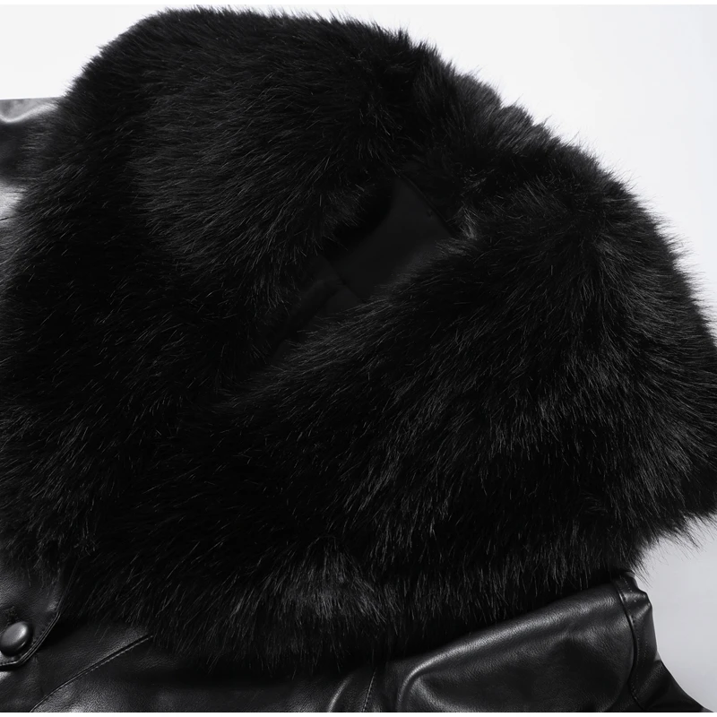 Black Faux Fur Collar Leather Jacket Elegant Lapel V-neck Waist Cinching Long-sleeved Short Coats Lady Winter Commute Coat 2026