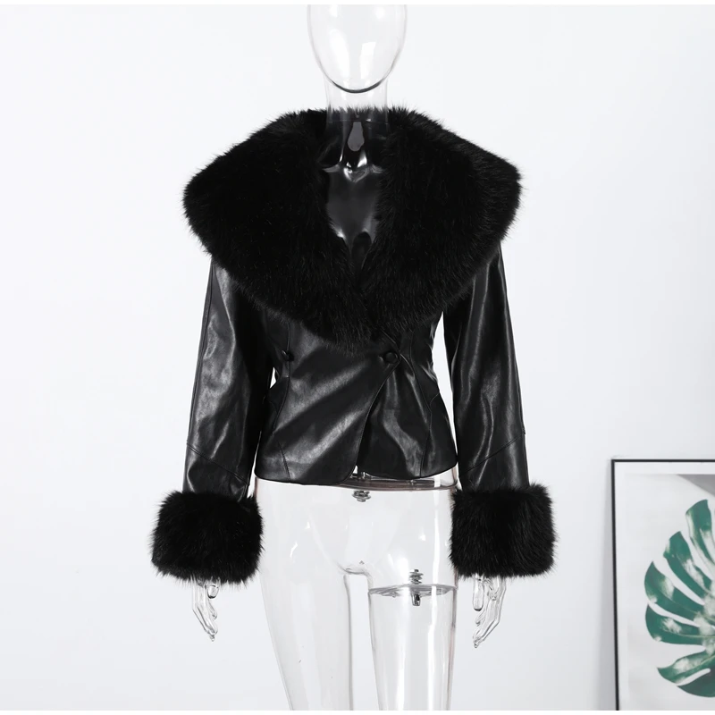Black Faux Fur Collar Leather Jacket Elegant Lapel V-neck Waist Cinching Long-sleeved Short Coats Lady Winter Commute Coat 2026
