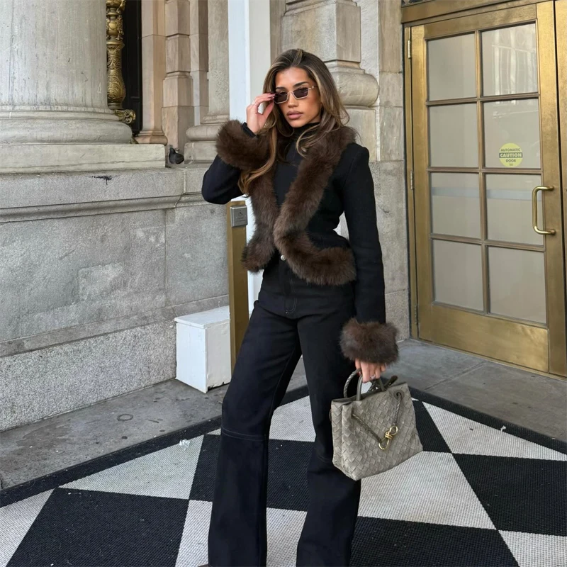 Black Faux Fur Collar Leather Jacket Elegant Lapel V-neck Waist Cinching Long-sleeved Short Coats Lady Winter Commute Coat 2026