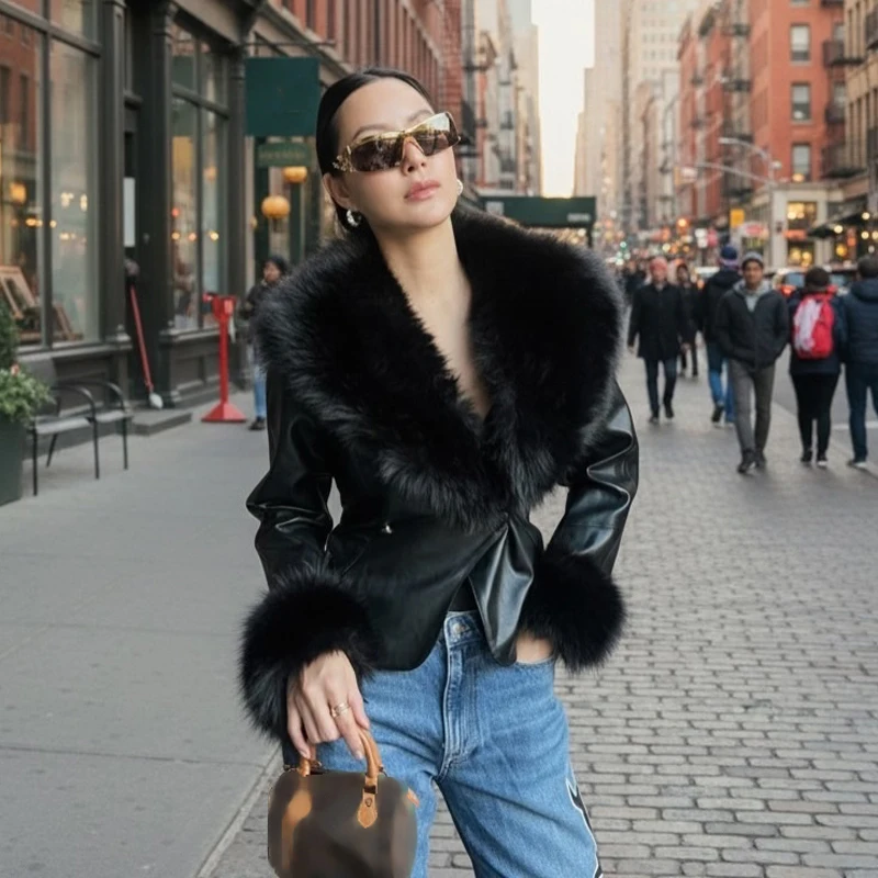 Black Faux Fur Collar Leather Jacket Elegant Lapel V-neck Waist Cinching Long-sleeved Short Coats Lady Winter Commute Coat 2026