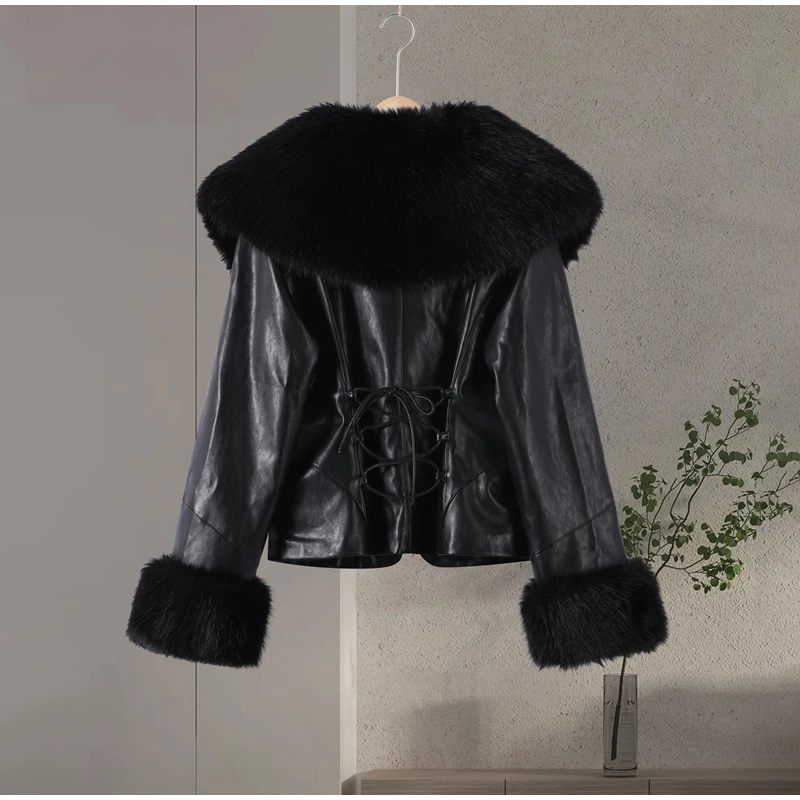 Black Faux Fur Collar Leather Jacket Elegant Lapel V-neck Waist Cinching Long-sleeved Short Coats Lady Winter Commute Coat 2026