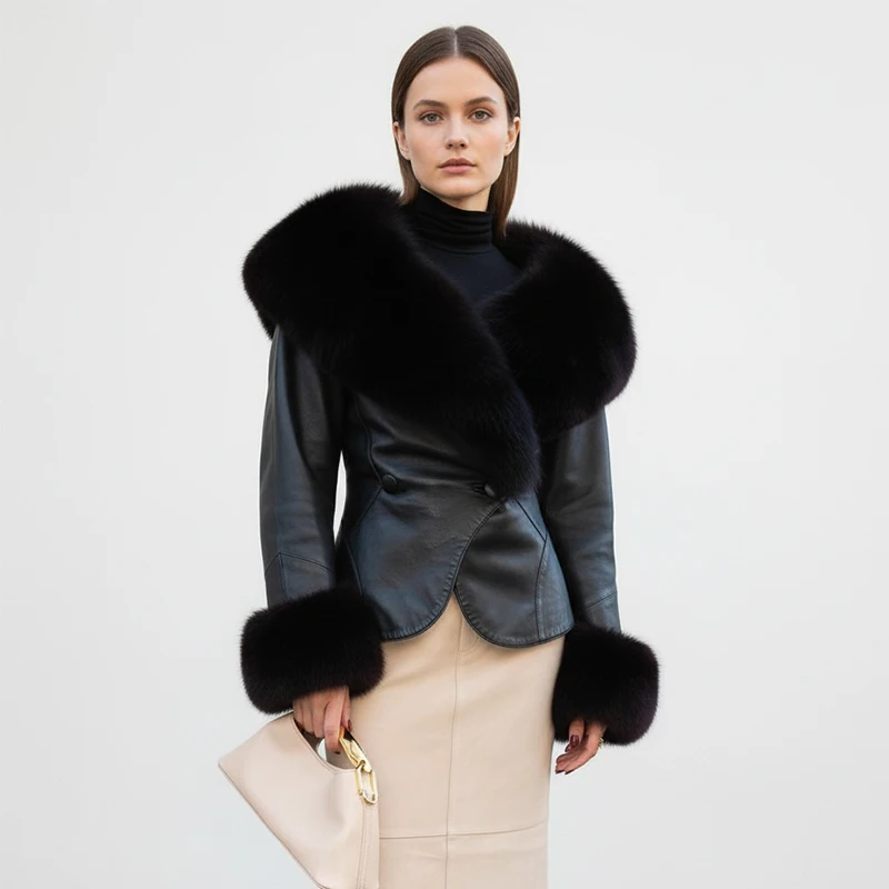 Black Faux Fur Collar Leather Jacket Elegant Lapel V-neck Waist Cinching Long-sleeved Short Coats Lady Winter Commute Coat 2026