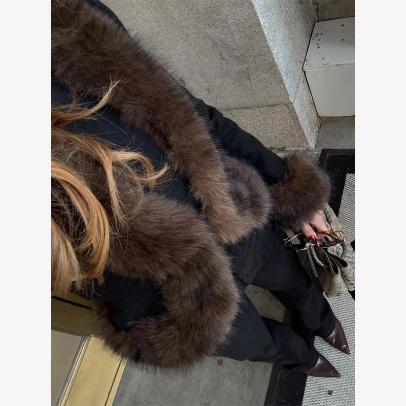 Black Faux Fur Collar Leather Jacket Elegant Lapel V-neck Waist Cinching Long-sleeved Short Coats Lady Winter Commute Coat 2026
