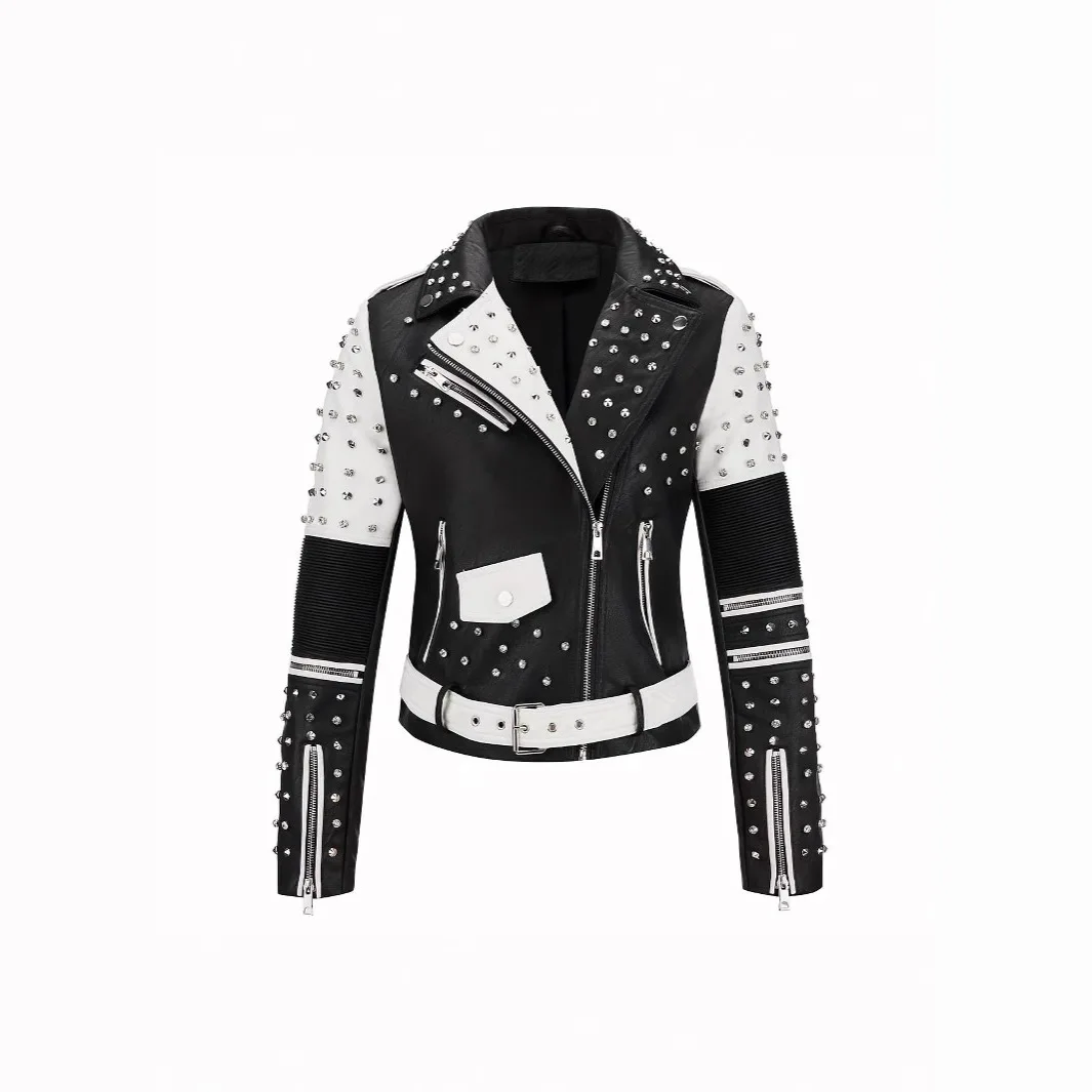 Luxury Studded Leather Jacket, Motorcycle Slim Fit Punk Rock Women's Diamond Zipper Multi-Pocket Jacket zipper Coat Outwea