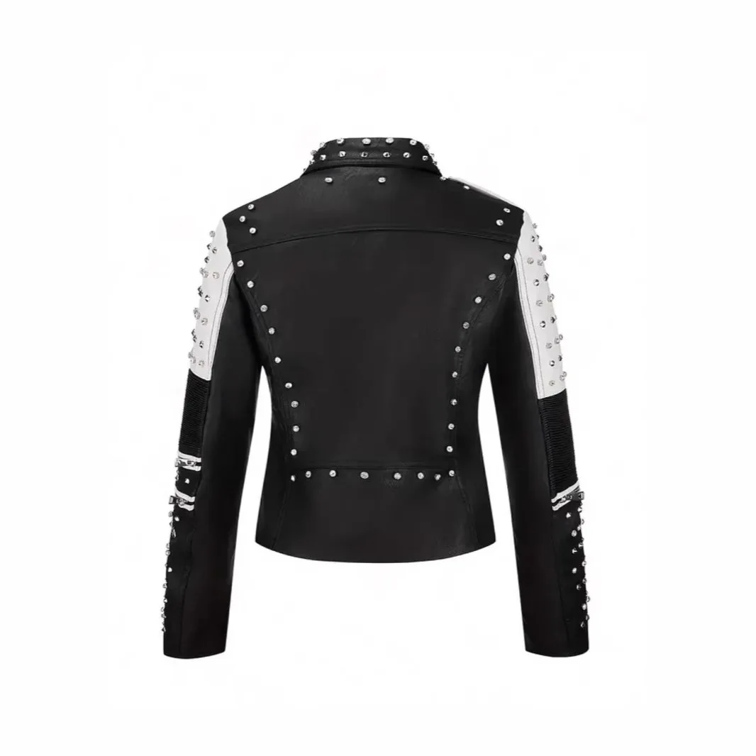 Luxury Studded Leather Jacket, Motorcycle Slim Fit Punk Rock Women's Diamond Zipper Multi-Pocket Jacket zipper Coat Outwea
