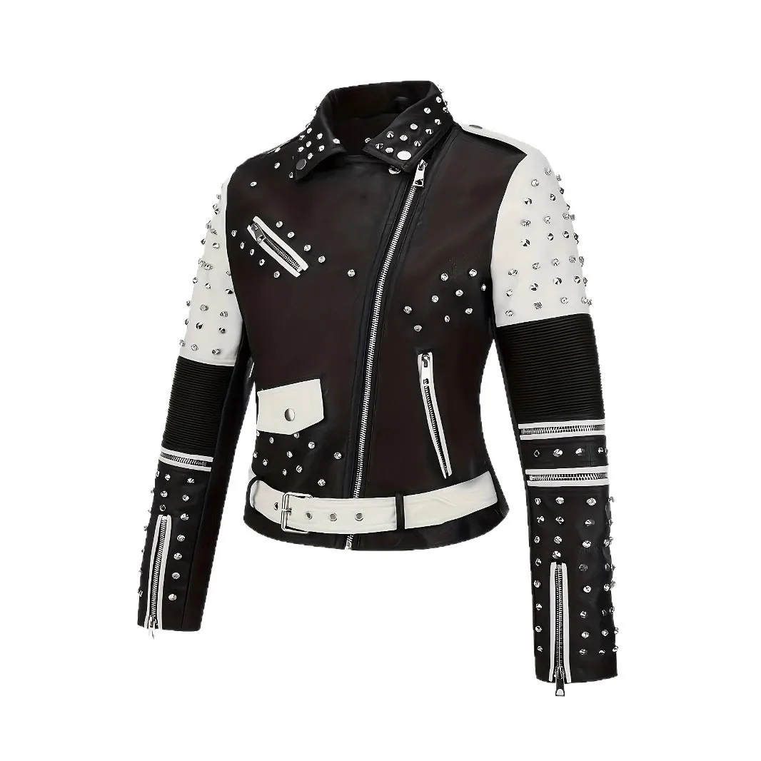 Luxury Studded Leather Jacket, Motorcycle Slim Fit Punk Rock Women's Diamond Zipper Multi-Pocket Jacket zipper Coat Outwea