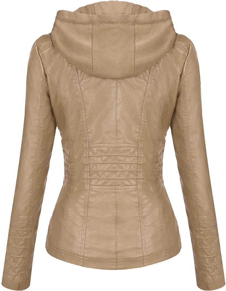 Hooded Leather Jacket Two-Piece Set Removable Large Size Leather Jacket for Women Spring Fall Outwear Women Pu Washed Leather