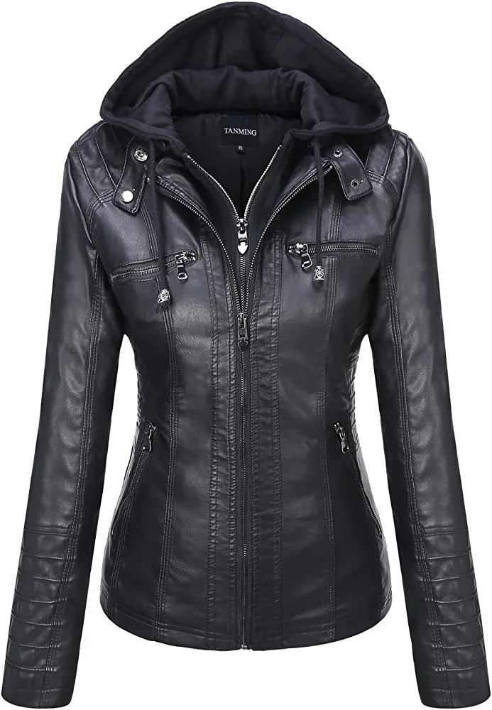 Hooded Leather Jacket Two-Piece Set Removable Large Size Leather Jacket for Women Spring Fall Outwear Women Pu Washed Leather