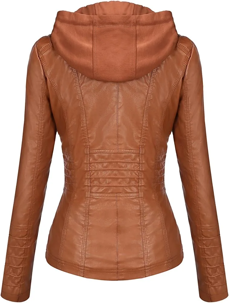 Hooded Leather Jacket Two-Piece Set Removable Large Size Leather Jacket for Women Spring Fall Outwear Women Pu Washed Leather