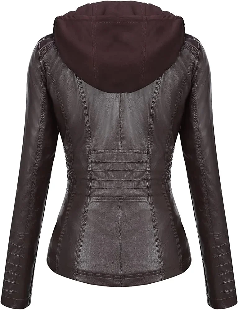 Hooded Leather Jacket Two-Piece Set Removable Large Size Leather Jacket for Women Spring Fall Outwear Women Pu Washed Leather