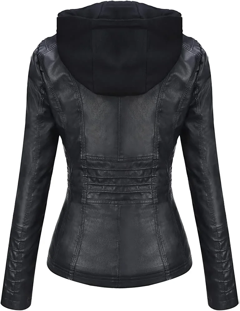 Hooded Leather Jacket Two-Piece Set Removable Large Size Leather Jacket for Women Spring Fall Outwear Women Pu Washed Leather