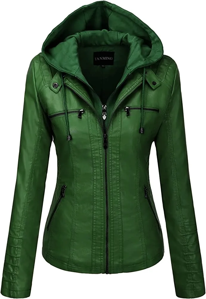 Hooded Leather Jacket Two-Piece Set Removable Large Size Leather Jacket for Women Spring Fall Outwear Women Pu Washed Leather
