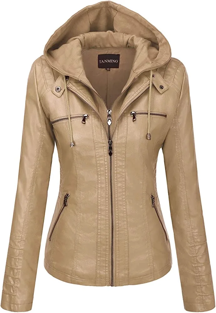 Hooded Leather Jacket Two-Piece Set Removable Large Size Leather Jacket for Women Spring Fall Outwear Women Pu Washed Leather