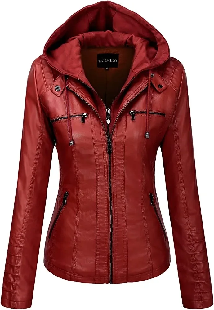 Hooded Leather Jacket Two-Piece Set Removable Large Size Leather Jacket for Women Spring Fall Outwear Women Pu Washed Leather