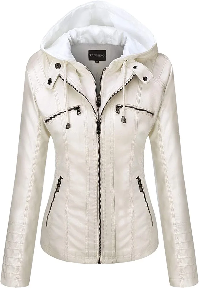 Hooded Leather Jacket Two-Piece Set Removable Large Size Leather Jacket for Women Spring Fall Outwear Women Pu Washed Leather