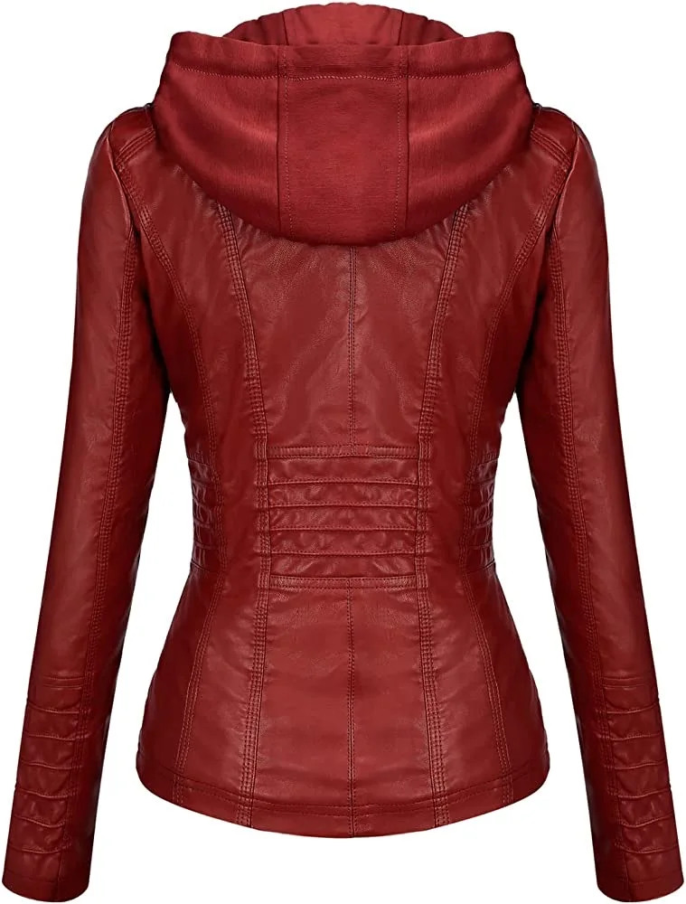 Hooded Leather Jacket Two-Piece Set Removable Large Size Leather Jacket for Women Spring Fall Outwear Women Pu Washed Leather