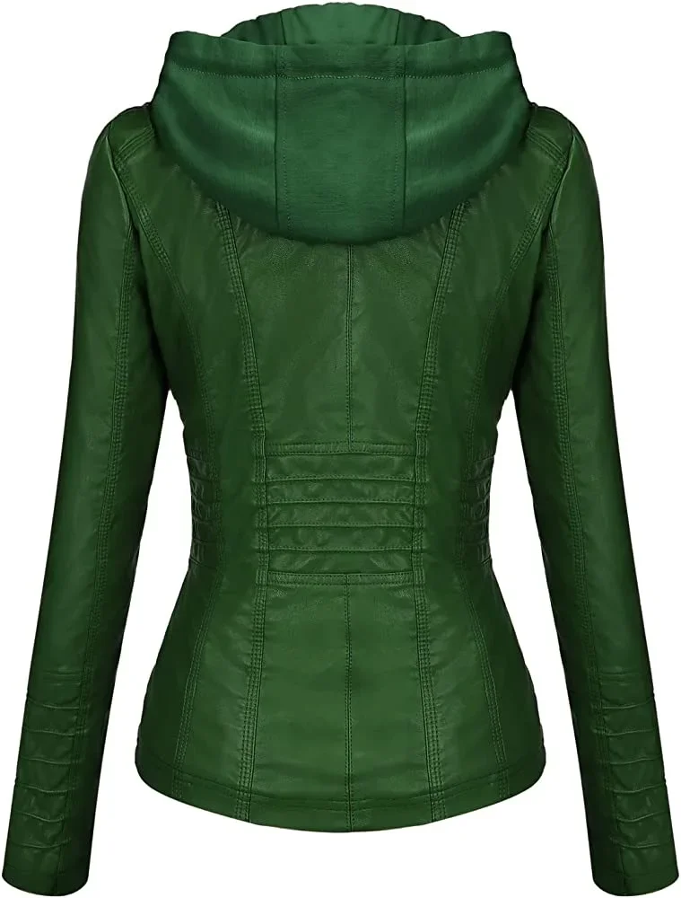 Hooded Leather Jacket Two-Piece Set Removable Large Size Leather Jacket for Women Spring Fall Outwear Women Pu Washed Leather