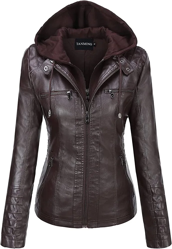 Hooded Leather Jacket Two-Piece Set Removable Large Size Leather Jacket for Women Spring Fall Outwear Women Pu Washed Leather