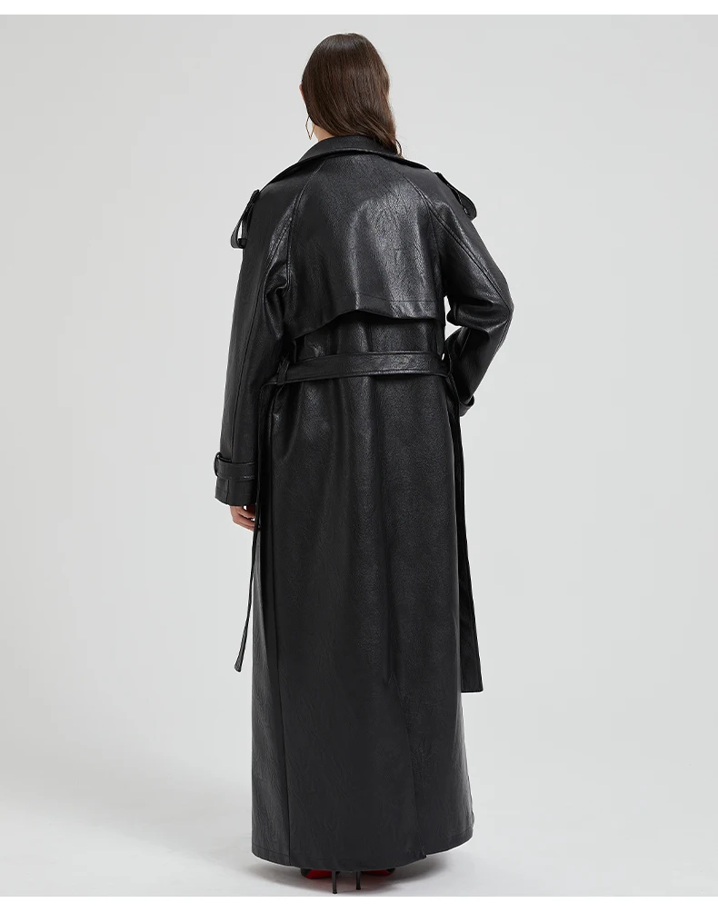 Lautaro Spring Autumn Extra Long Brown Pu Leather Trench Coat for Women Sashes Luxury Chic Overcoat Runway European Fashion 2024