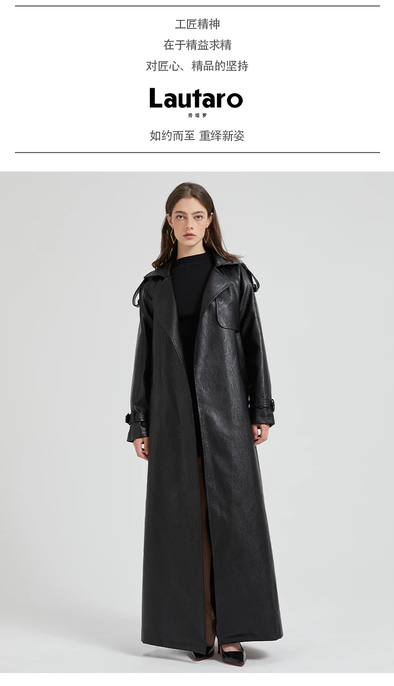 Lautaro Spring Autumn Extra Long Brown Pu Leather Trench Coat for Women Sashes Luxury Chic Overcoat Runway European Fashion 2024