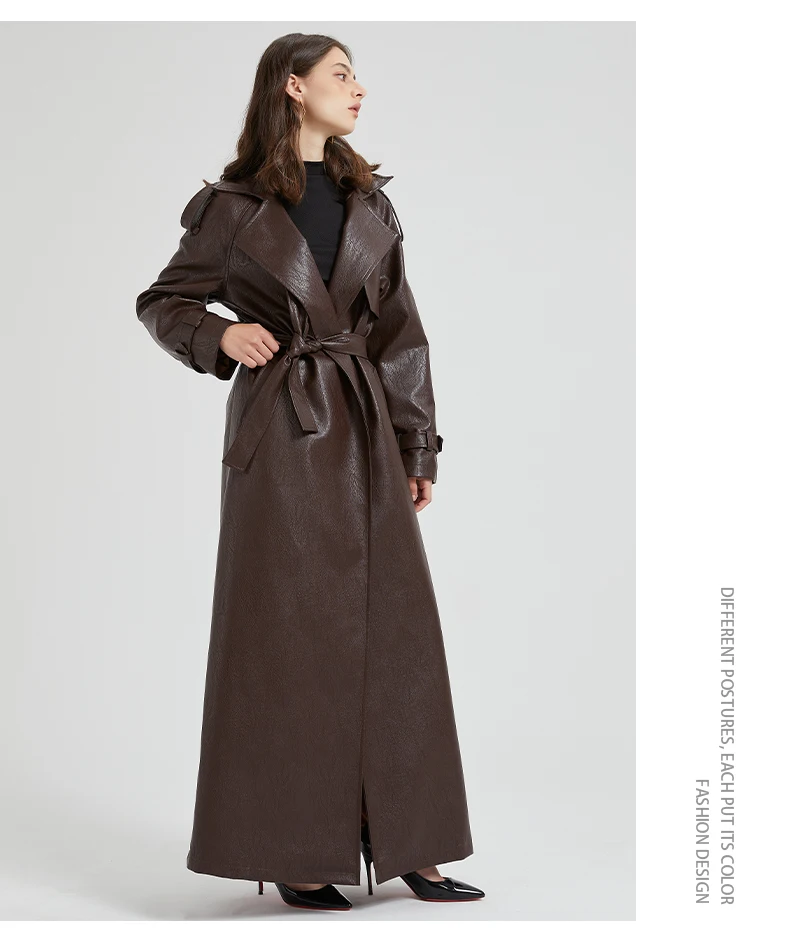 Lautaro Spring Autumn Extra Long Brown Pu Leather Trench Coat for Women Sashes Luxury Chic Overcoat Runway European Fashion 2024