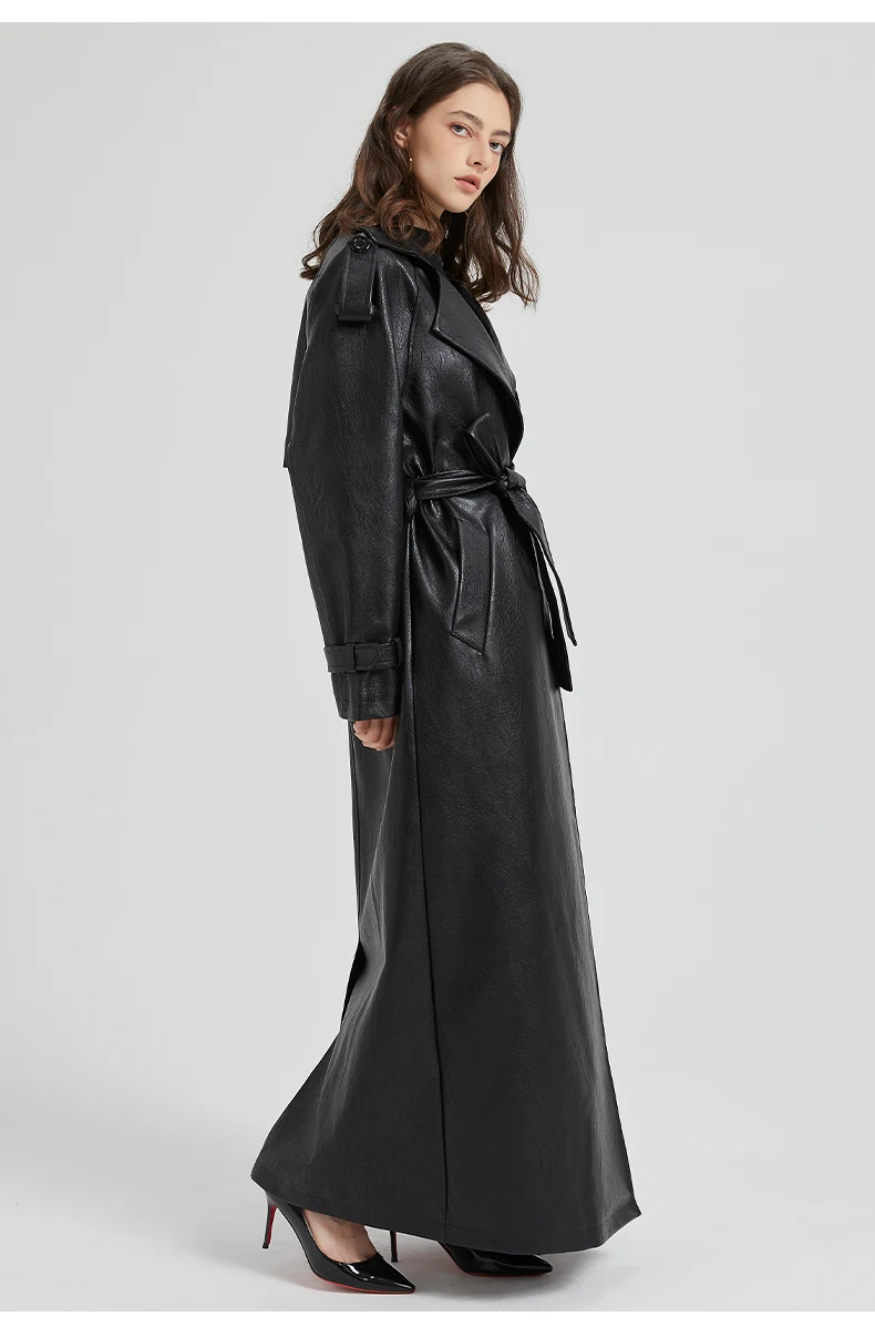Lautaro Spring Autumn Extra Long Brown Pu Leather Trench Coat for Women Sashes Luxury Chic Overcoat Runway European Fashion 2024