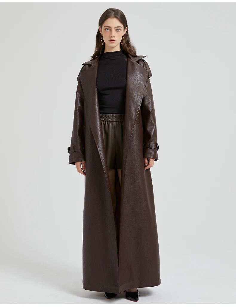 Lautaro Spring Autumn Extra Long Brown Pu Leather Trench Coat for Women Sashes Luxury Chic Overcoat Runway European Fashion 2024