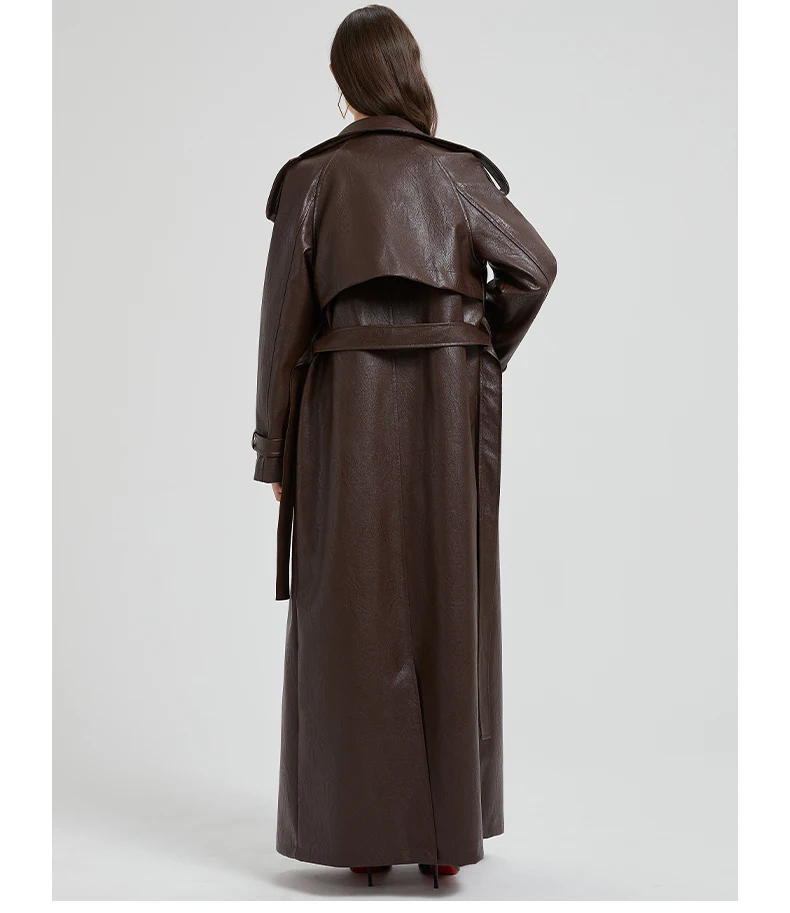 Lautaro Spring Autumn Extra Long Brown Pu Leather Trench Coat for Women Sashes Luxury Chic Overcoat Runway European Fashion 2024