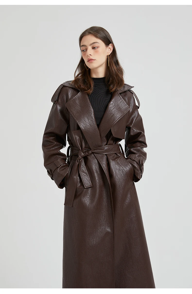 Lautaro Spring Autumn Extra Long Brown Pu Leather Trench Coat for Women Sashes Luxury Chic Overcoat Runway European Fashion 2024