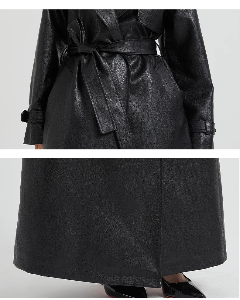 Lautaro Spring Autumn Extra Long Brown Pu Leather Trench Coat for Women Sashes Luxury Chic Overcoat Runway European Fashion 2024