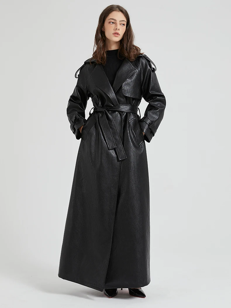 Lautaro Spring Autumn Extra Long Brown Pu Leather Trench Coat for Women Sashes Luxury Chic Overcoat Runway European Fashion 2024
