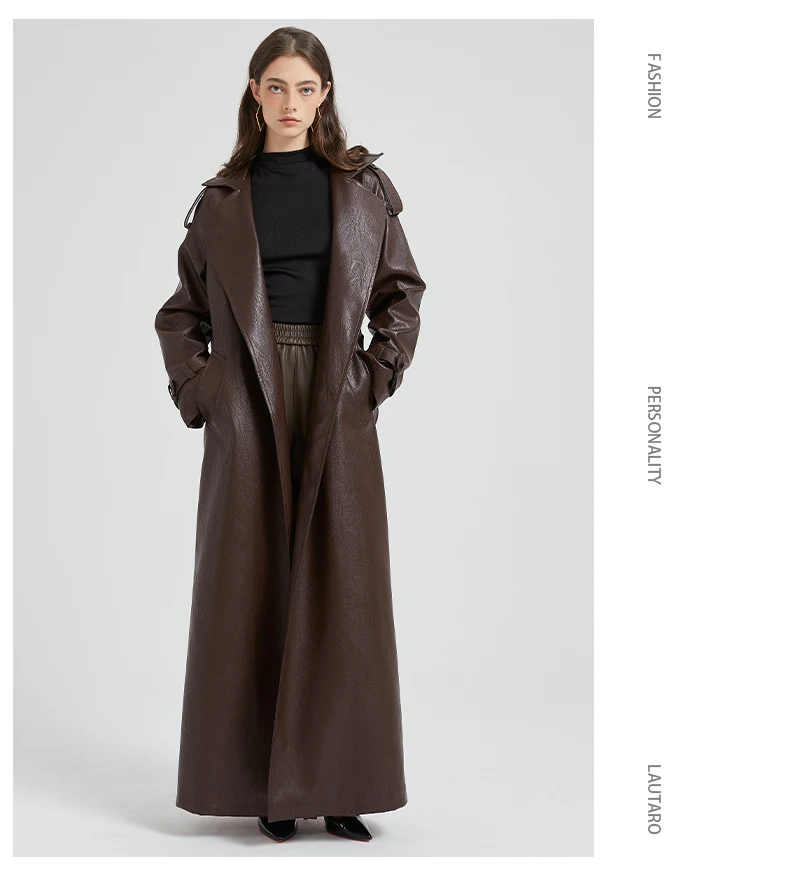 Lautaro Spring Autumn Extra Long Brown Pu Leather Trench Coat for Women Sashes Luxury Chic Overcoat Runway European Fashion 2024