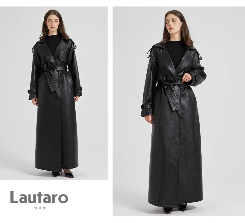 Lautaro Spring Autumn Extra Long Brown Pu Leather Trench Coat for Women Sashes Luxury Chic Overcoat Runway European Fashion 2024