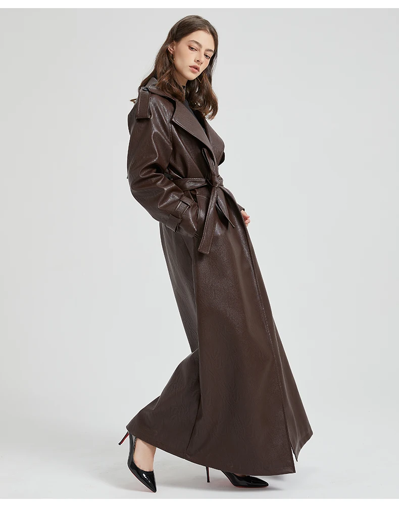 Lautaro Spring Autumn Extra Long Brown Pu Leather Trench Coat for Women Sashes Luxury Chic Overcoat Runway European Fashion 2024