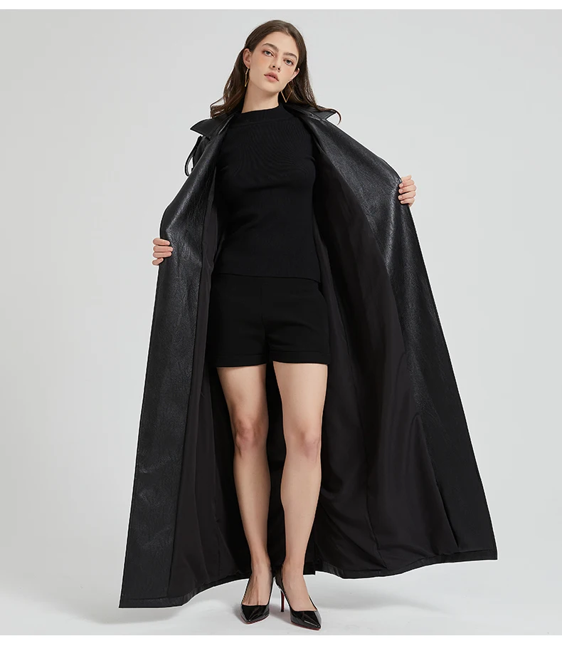 Lautaro Spring Autumn Extra Long Brown Pu Leather Trench Coat for Women Sashes Luxury Chic Overcoat Runway European Fashion 2024