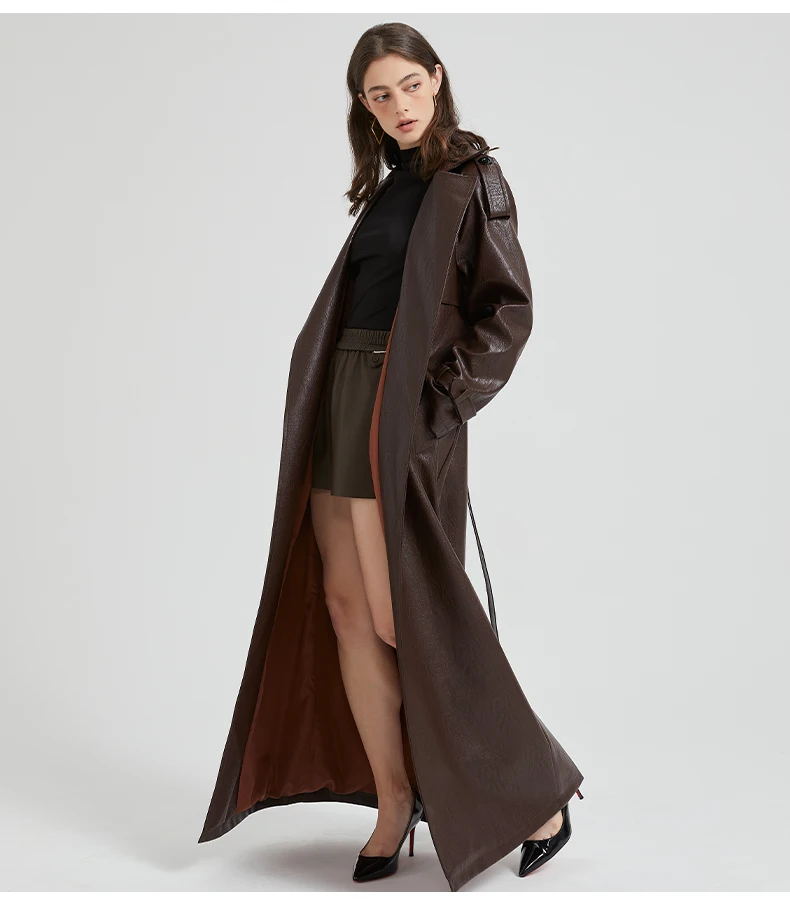 Lautaro Spring Autumn Extra Long Brown Pu Leather Trench Coat for Women Sashes Luxury Chic Overcoat Runway European Fashion 2024