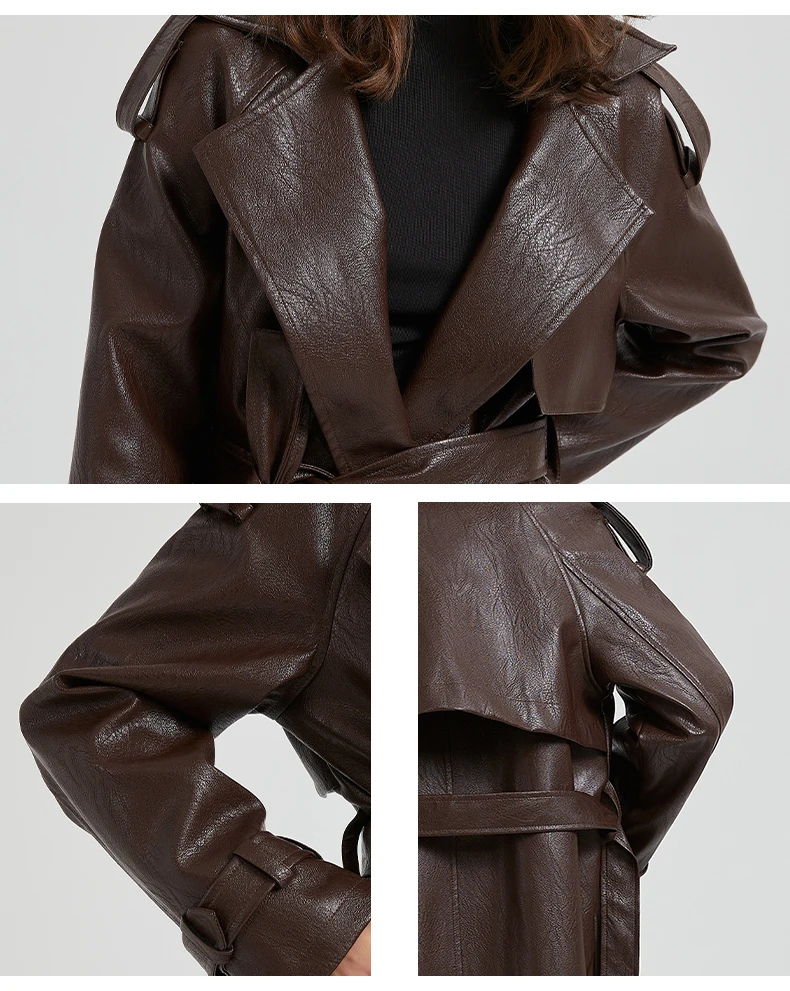 Lautaro Spring Autumn Extra Long Brown Pu Leather Trench Coat for Women Sashes Luxury Chic Overcoat Runway European Fashion 2024
