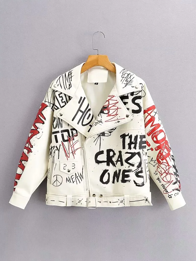 Women Autumn Winter Faux Soft Leather Jackets Coats Lady White Black PU Rivet Zipper Epaulet 3D Print Motorcycle Streetwear