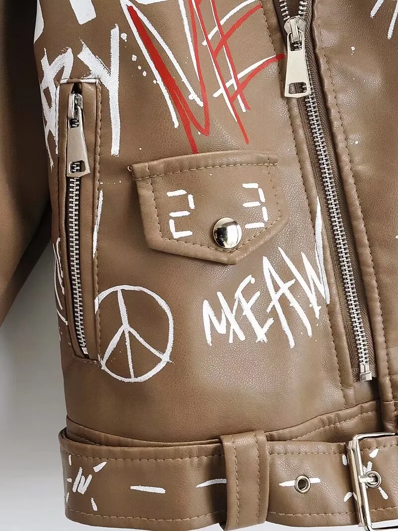 Women Autumn Winter Faux Soft Leather Jackets Coats Lady White Black PU Rivet Zipper Epaulet 3D Print Motorcycle Streetwear