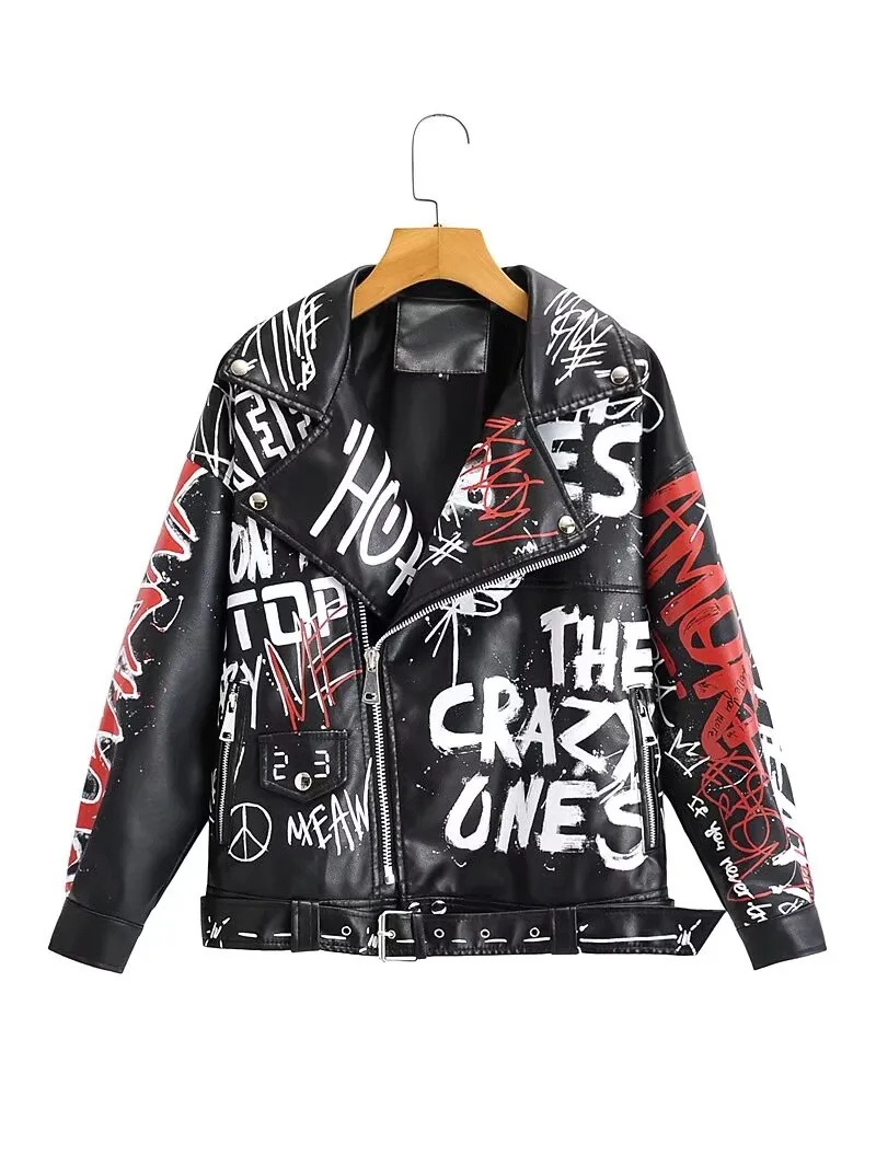 Women Autumn Winter Faux Soft Leather Jackets Coats Lady White Black PU Rivet Zipper Epaulet 3D Print Motorcycle Streetwear
