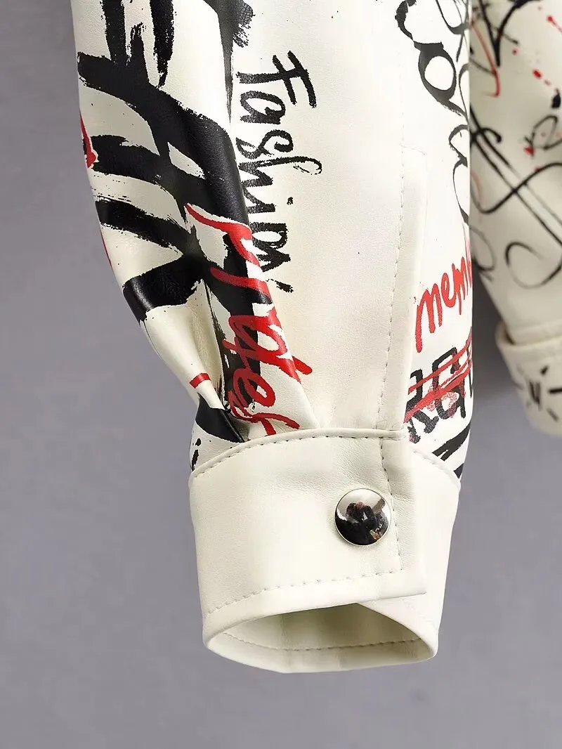 Women Autumn Winter Faux Soft Leather Jackets Coats Lady White Black PU Rivet Zipper Epaulet 3D Print Motorcycle Streetwear