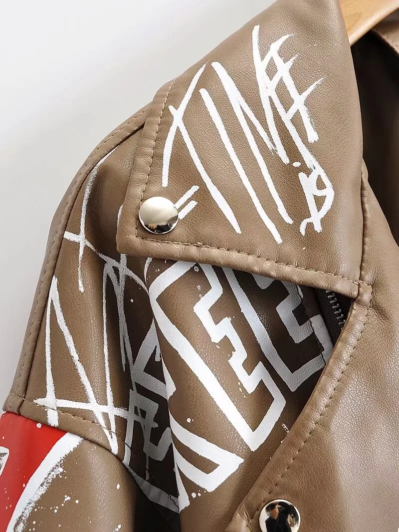 Women Autumn Winter Faux Soft Leather Jackets Coats Lady White Black PU Rivet Zipper Epaulet 3D Print Motorcycle Streetwear