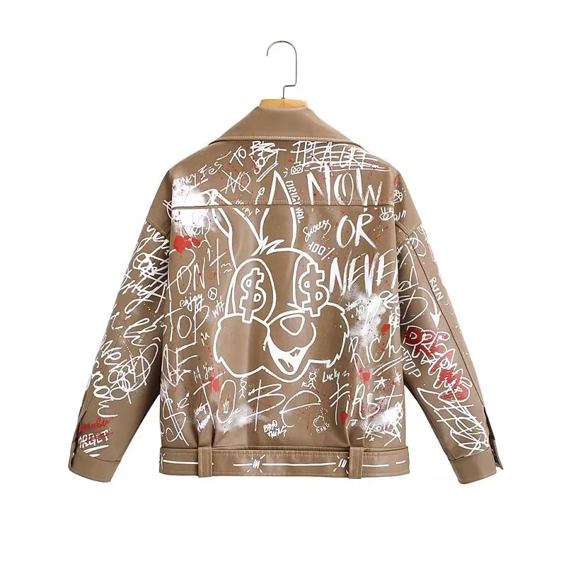 Women Autumn Winter Faux Soft Leather Jackets Coats Lady White Black PU Rivet Zipper Epaulet 3D Print Motorcycle Streetwear