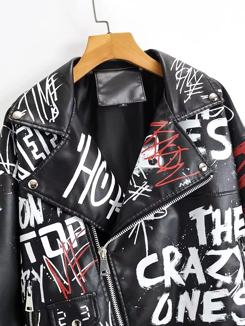 Women Autumn Winter Faux Soft Leather Jackets Coats Lady White Black PU Rivet Zipper Epaulet 3D Print Motorcycle Streetwear