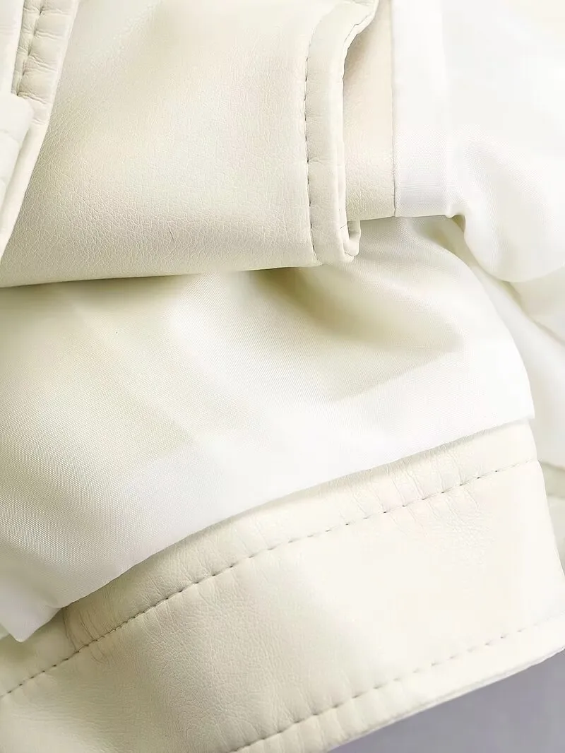 Women Autumn Winter Faux Soft Leather Jackets Coats Lady White Black PU Rivet Zipper Epaulet 3D Print Motorcycle Streetwear