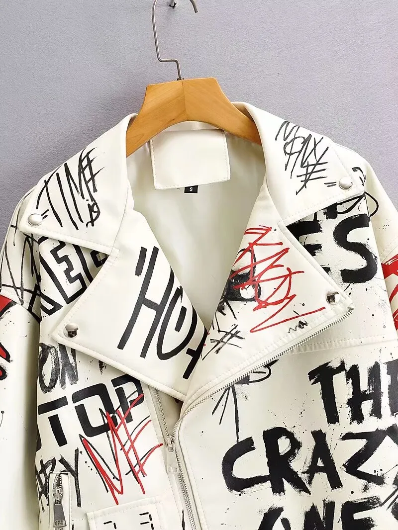 Women Autumn Winter Faux Soft Leather Jackets Coats Lady White Black PU Rivet Zipper Epaulet 3D Print Motorcycle Streetwear